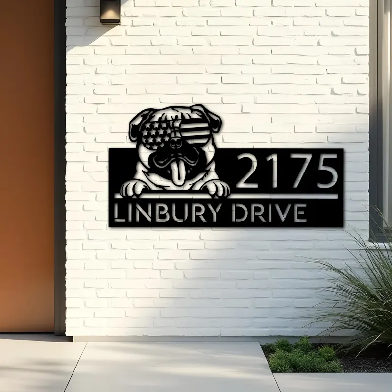 Custom Metal Pug dog US flag glasses Metal Address Sign House number Hanging Address Plaque Yard Sign Outdoor decor