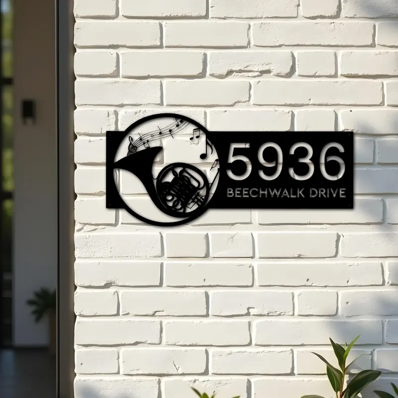 Custom Metal French horn musical instrument Metal Address Sign Custom House number Hanging Address Plaque Yard Sign Outdoor