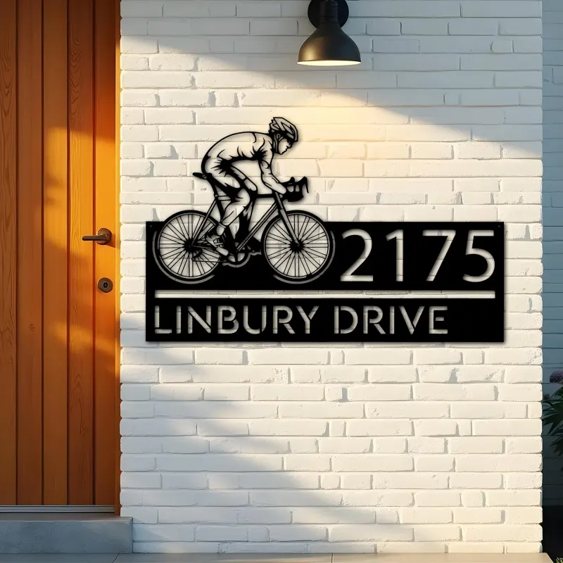 Custom Metal Cyclist biker Metal Address Sign, House number, Outdoor Number Signage, Yard Sign Address Plate