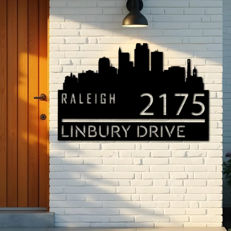Custom Metal Raleigh city skyline Metal Address Sign Hanging Address Plaque house number Yard Outdoor Sign