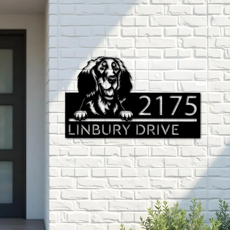 Custom Metal Golden setter dog Puppy Metal Address Sign House number Hanging Address Plaque Yard Sign Outdoor decor
