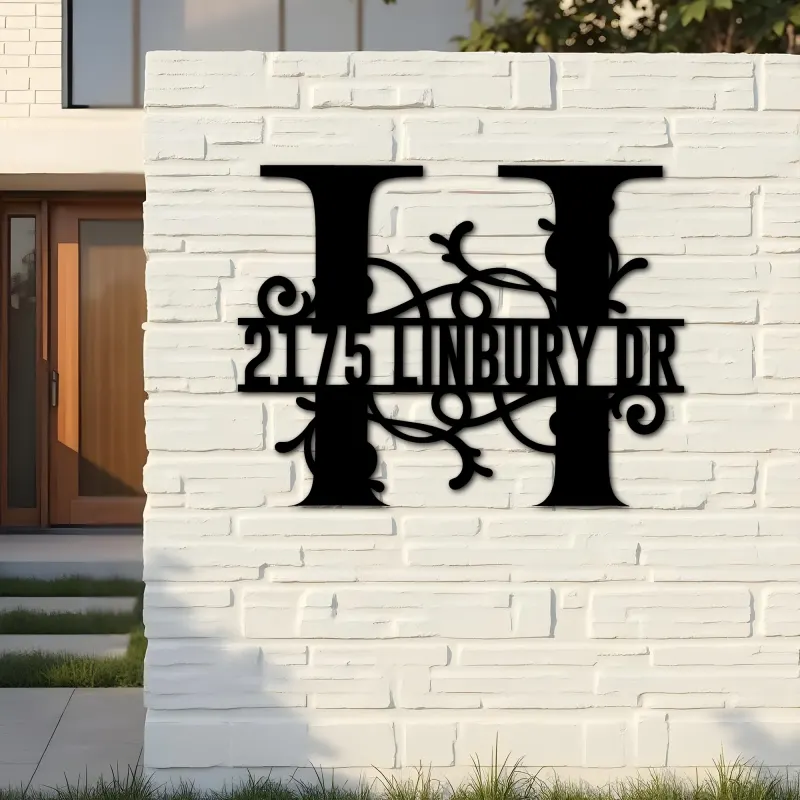 Custom Metal Floral Monogram Split Letter H Metal Address Sign House number Hanging Address Plaque Yard Sign Outdoor decor