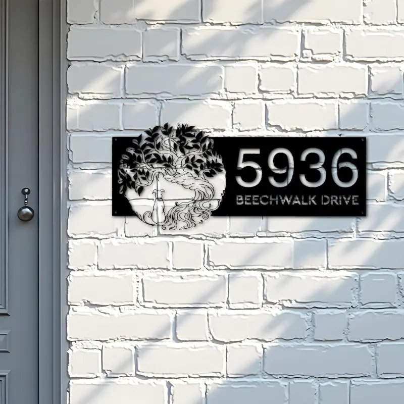 Custom Metal Tree of life with dog Metal Address Sign, House number, Outdoor Number Signage, Yard Sign Address Plate