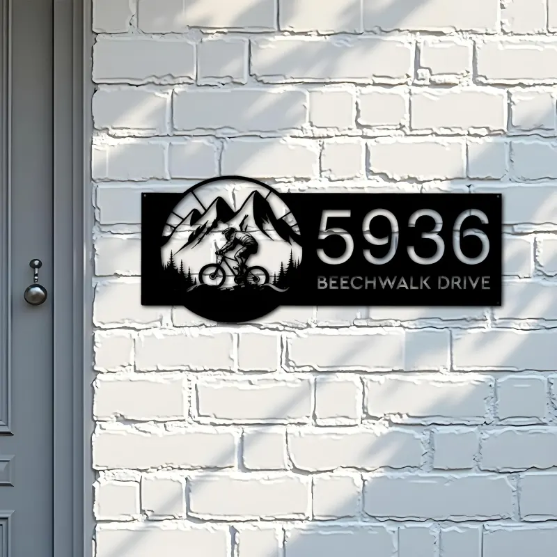 Custom Metal Mountain biker Bicycle rider MTB Metal Address Sign, House number, Outdoor Number Signage, Yard Sign Address Plate