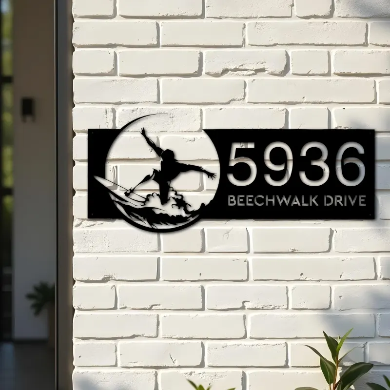 Custom Metal Surfer surfing Metal Address Sign, House number, Outdoor Number Signage, Yard Sign Address Plate