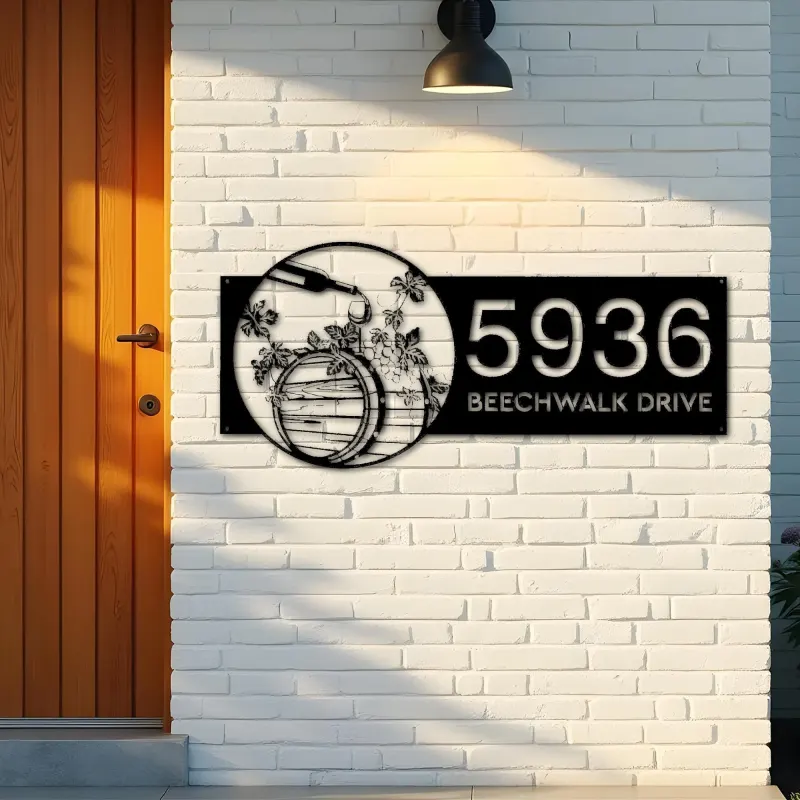 Custom Metal Wine barrel bottle grapes Metal Address Sign, House number, Outdoor Number Signage, Yard Sign Address Plate