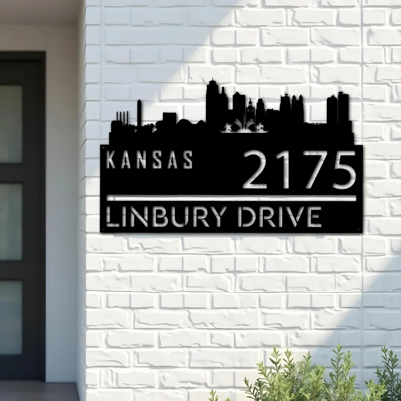Custom Metal Kansas city skyline Metal Address Sign Hanging Address Plaque house number Yard Outdoor Sign