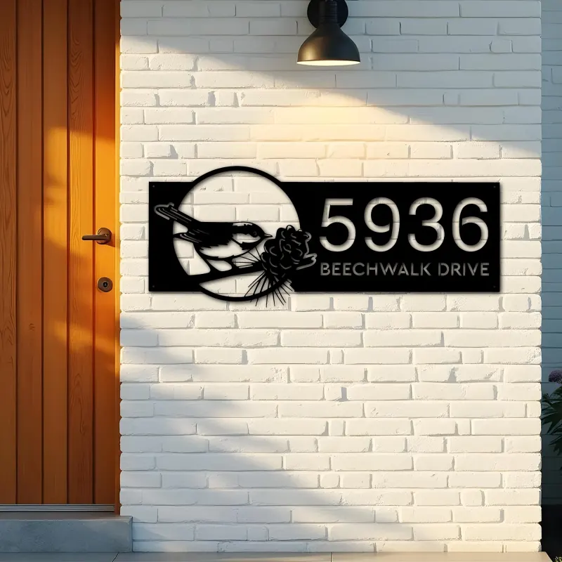 Custom Metal Bird with pinecone Metal Address Sign, House number, Outdoor Number Signage, Yard Sign Address Plate