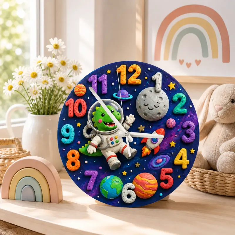 Astronaut Dinosaur Outer Space Kids Room Wall Clock