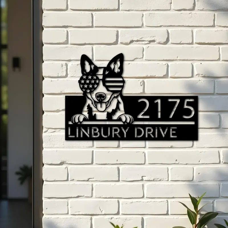 Custom Metal Blue heeler dog US flag glasses Metal Address Sign House number Hanging Address Plaque Yard Sign Outdoor decor