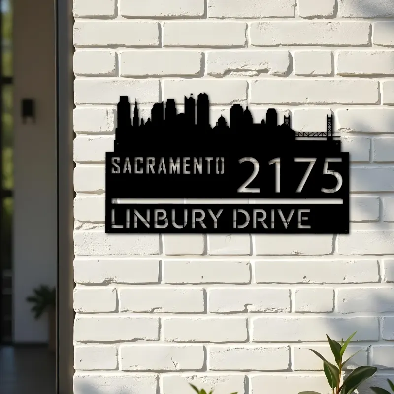 Custom Metal Sacramento city skyline Metal Address Sign Hanging Address Plaque house number Yard Outdoor Sign
