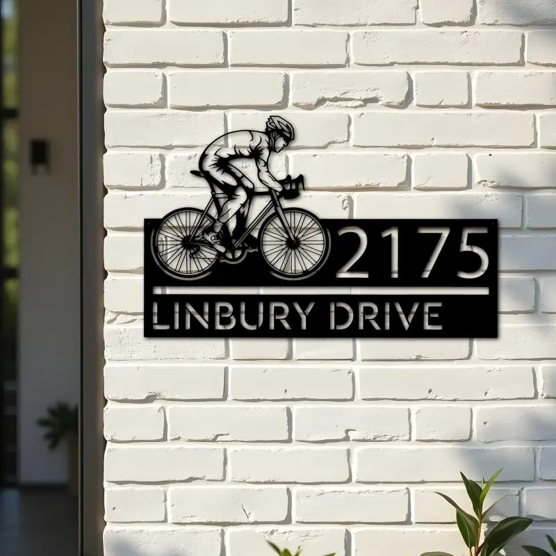 Custom Metal Cyclist biker Metal Address Sign, House number, Outdoor Number Signage, Yard Sign Address Plate