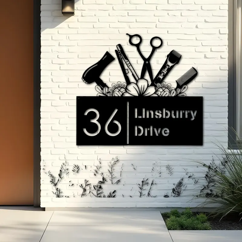 Custom Metal Hair Stylist Hair dresser salon Metal Address Sign, House number, Outdoor Number Signage, Yard Sign Address Plate