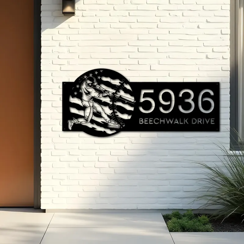 Custom Metal Baseball player distressed US flag Metal Address Sign, House number, Outdoor Number Signage, Yard Sign Address Plate