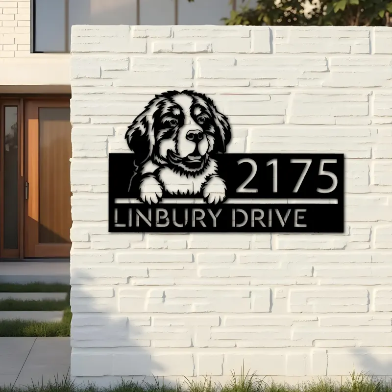 Custom Metal Bernese Mountain dog Puppy Metal Address Sign House number Hanging Address Plaque Yard Sign Outdoor decor