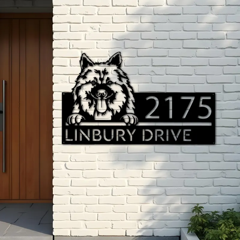 Custom Metal Keeshond dog Cute puppy Metal Address Sign House number Hanging Address Plaque Yard Sign Outdoor decor