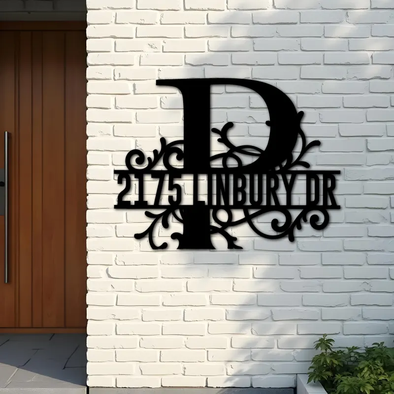 Custom Metal Floral Monogram Split Letter P Metal Address Sign House number Hanging Address Plaque Yard Sign Outdoor decor