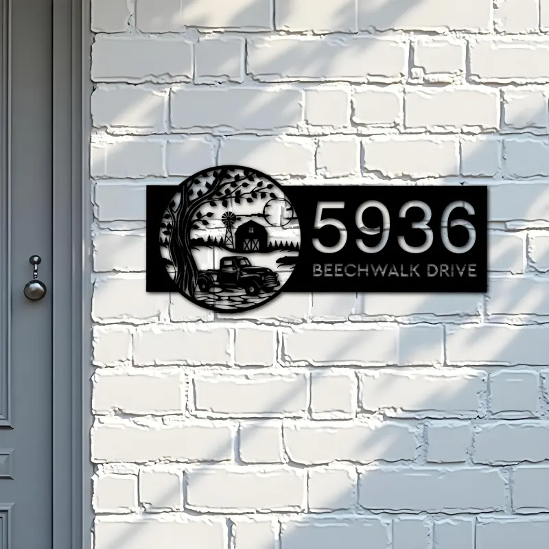 Custom Metal Old Pickup Truck with Farm Metal Address Sign, House number, Outdoor Number Signage, Yard Sign Address Plate