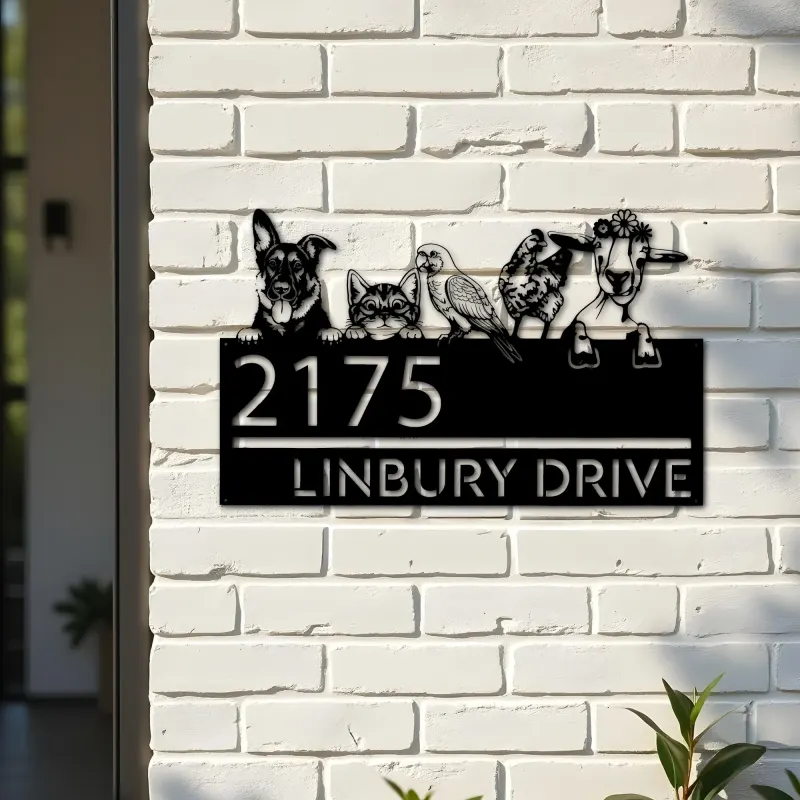 Custom Metal German shepherd cat parrot chicken and goat Metal Address Sign, House number, Outdoor Number Signage, Yard Sign Address Plate