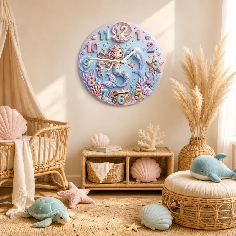 Magical Mermaid And Dolphin Under The Sea Kids Room Wall Clock