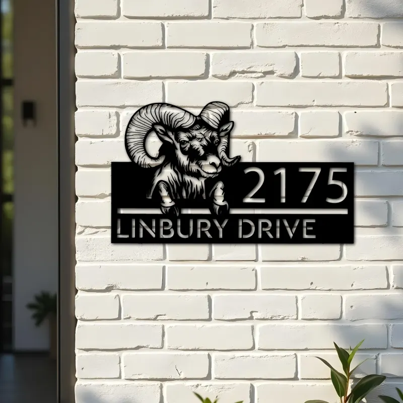 Custom Metal Peeking Ram farm animal ranch Metal Address Sign, House number, Outdoor Number Signage, Yard Sign Address Plate