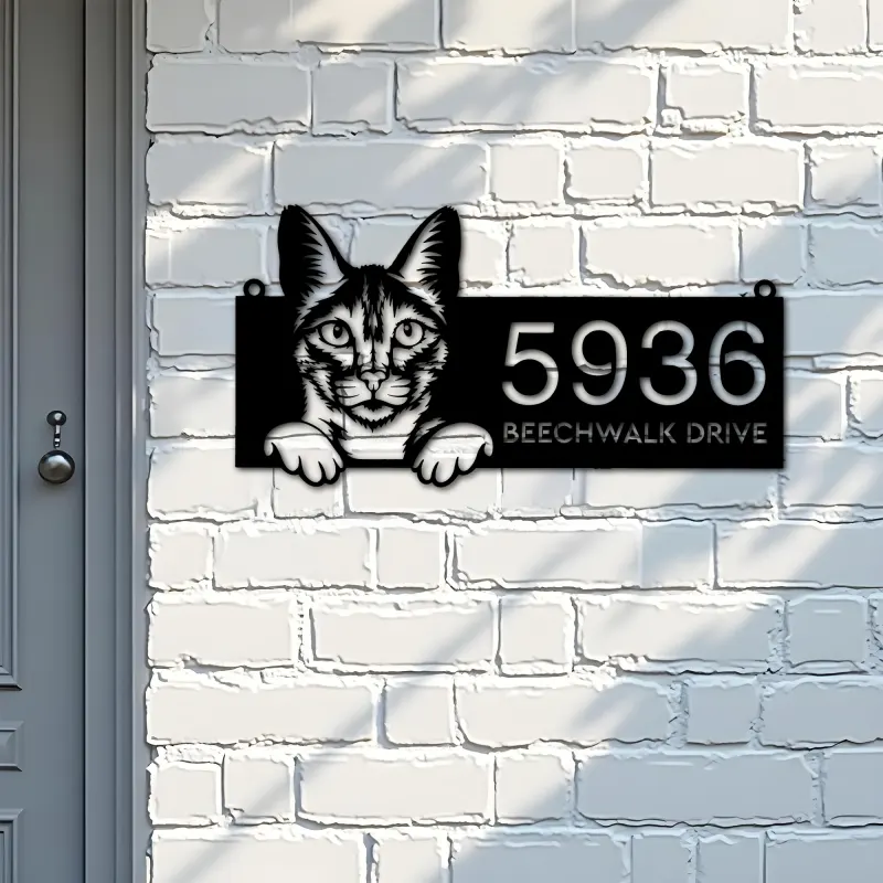 Custom Metal Savannah Cute peeking cat kitten Metal Address Sign, House number, Outdoor Number Signage, Yard Sign Address Plate