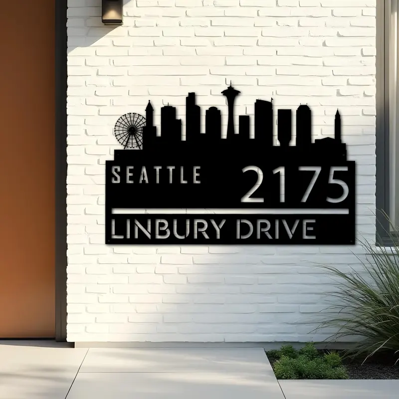 Custom Metal Seattle city skyline Metal Address Sign Hanging Address Plaque house number Yard Outdoor Sign