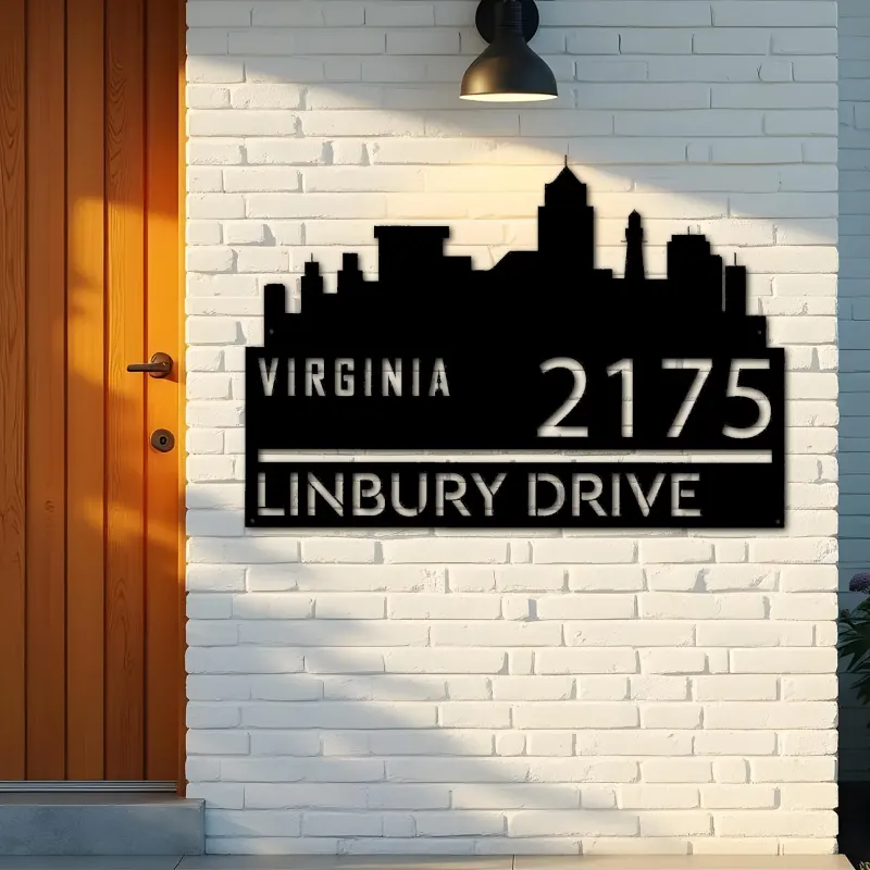 Custom Metal Virginia city skyline Metal Address Sign Hanging Address Plaque house number Yard Outdoor Sign