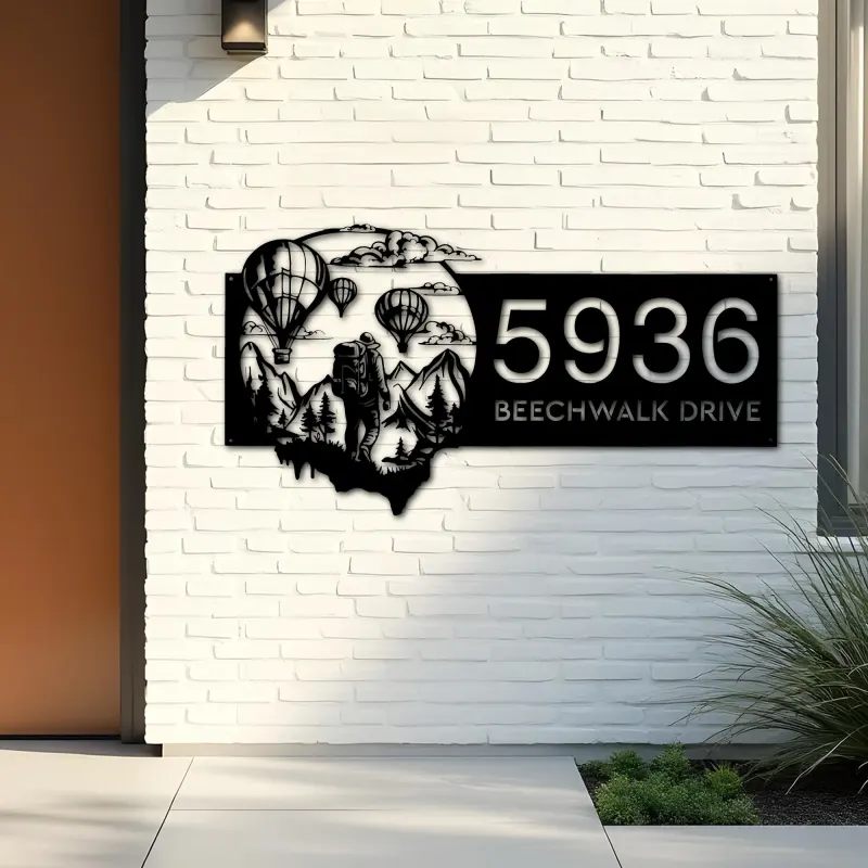Custom Metal Hot Air Balloon Sky Adventure Travel Metal Address Sign, House number, Outdoor Number Signage, Yard Sign Address Plate