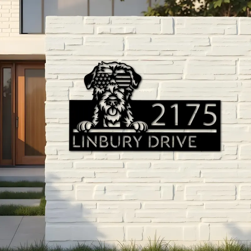 Custom Metal Irish Wolfhound dog US flag glasses Metal Address Sign House number Hanging Address Plaque Yard Sign Outdoor decor