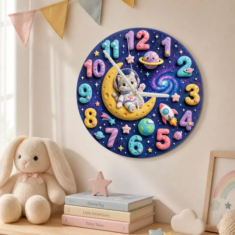 Astronaut Cat Galaxy Kids Room Wall Clock