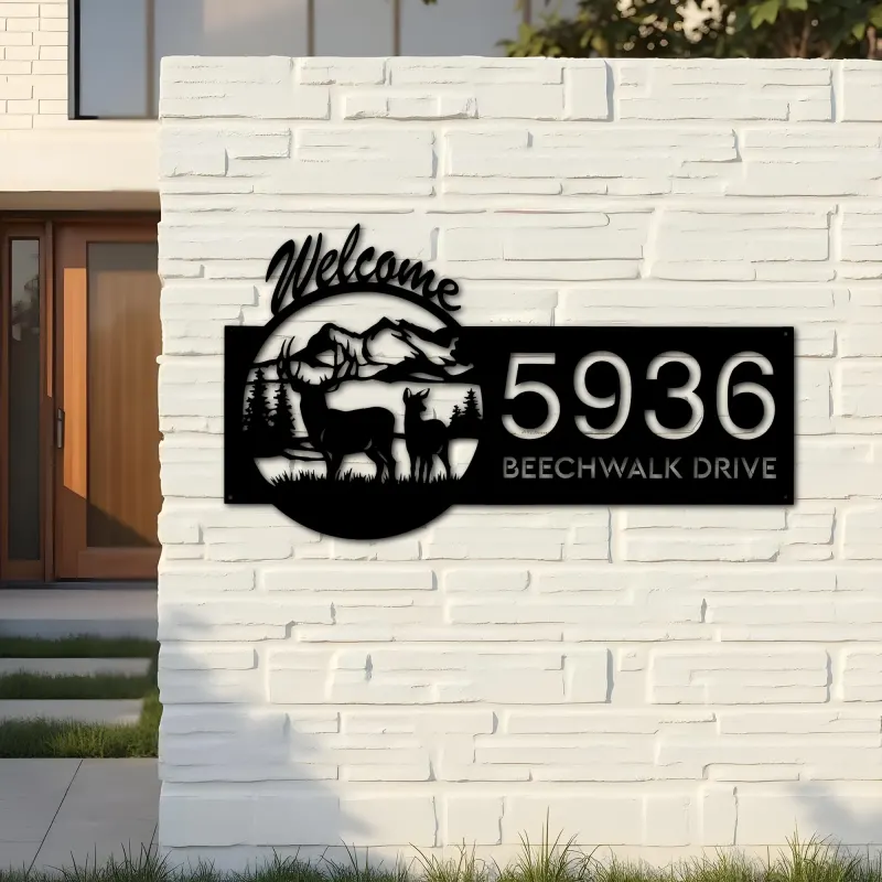 Custom Metal Deer mountain scene Wildlife Welcome Metal Address Sign, House number, Outdoor Number Signage, Yard Sign Address Plate