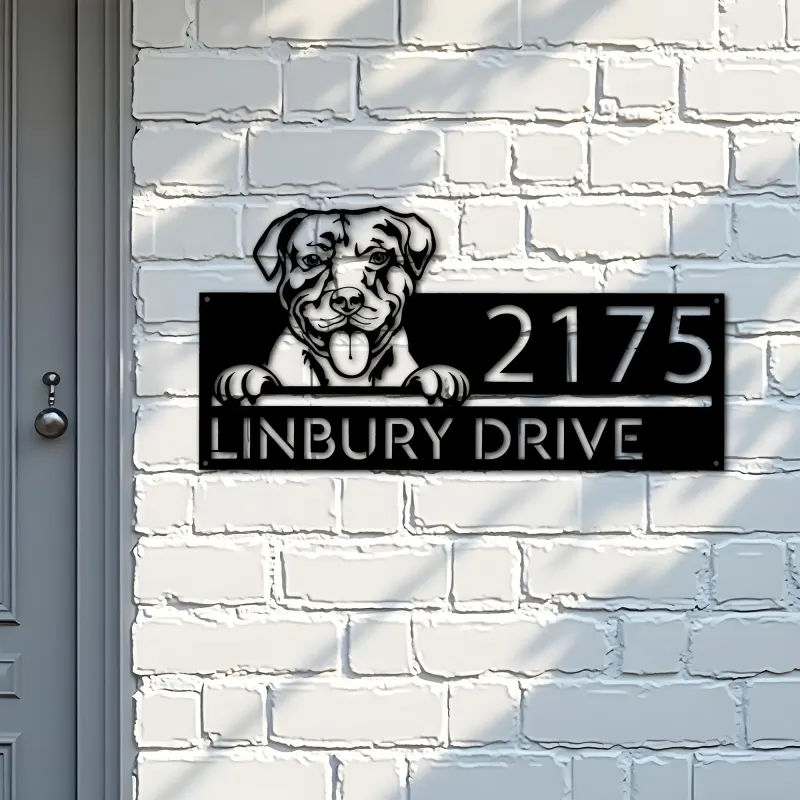 Custom Metal American Pitbull dog cute puppy Metal Address Sign House number Hanging Address Plaque Yard Sign Outdoor decor