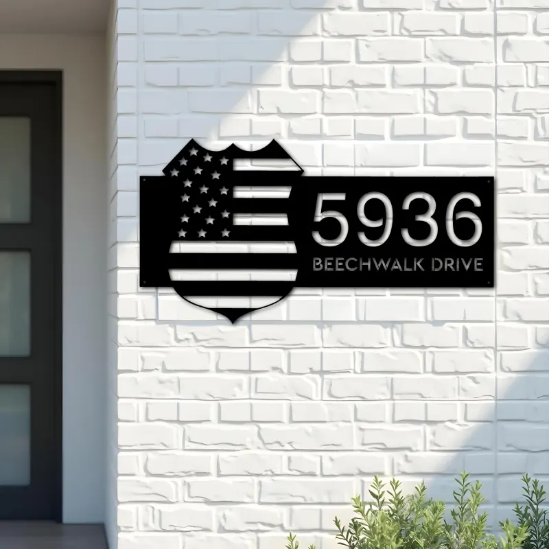 Custom Metal Police badge American Flag Patriotic Metal Address Sign, House number, Outdoor Number Signage, Yard Sign Address Plate