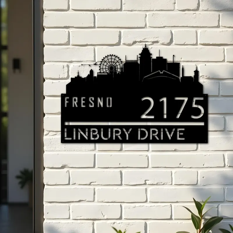 Custom Metal Fresno city skyline Metal Address Sign Hanging Address Plaque house number Yard Outdoor Sign