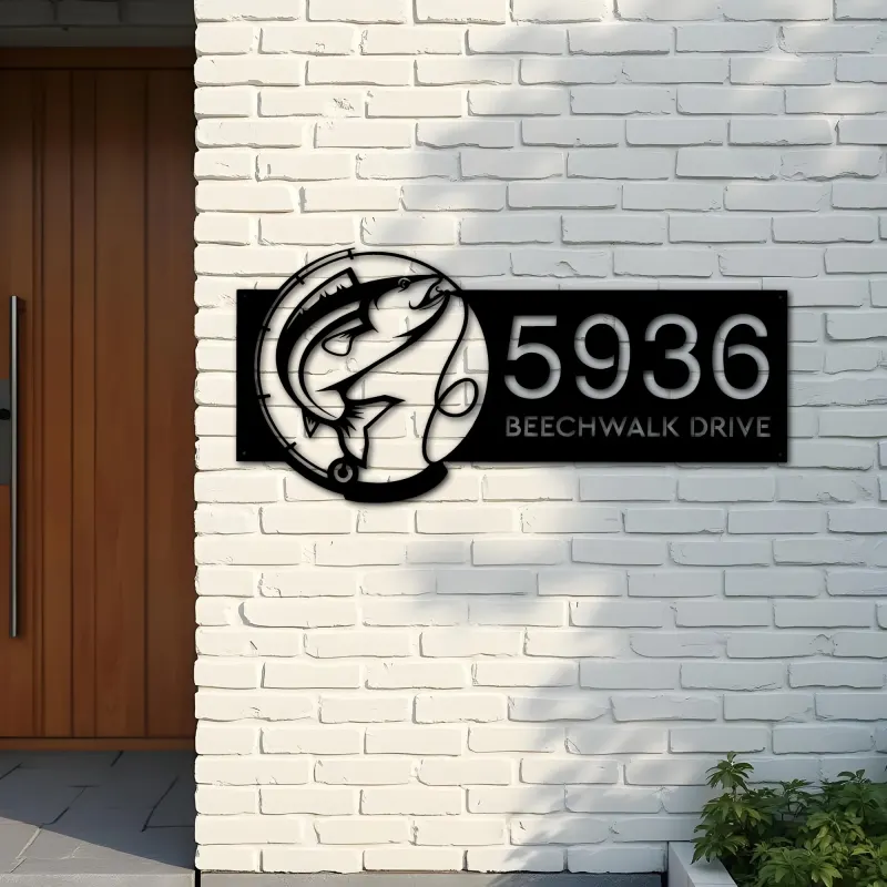 Custom Metal Fish Fishing rod Metal Address Sign Custom House number Hanging Address Plaque Yard Sign Outdoor