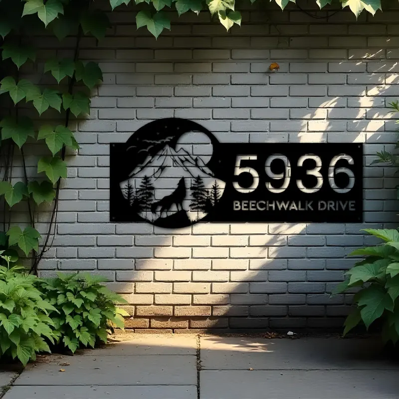 Custom Metal Wolf howling on full moon Metal Address Sign, House number, Outdoor Number Signage, Yard Sign Address Plate002