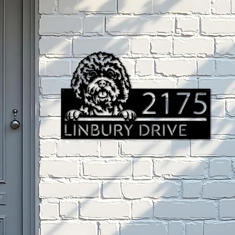 Custom Metal Cavapoo dog Cute Puppy Metal Address Sign House number Hanging Address Plaque Yard Sign Outdoor decor