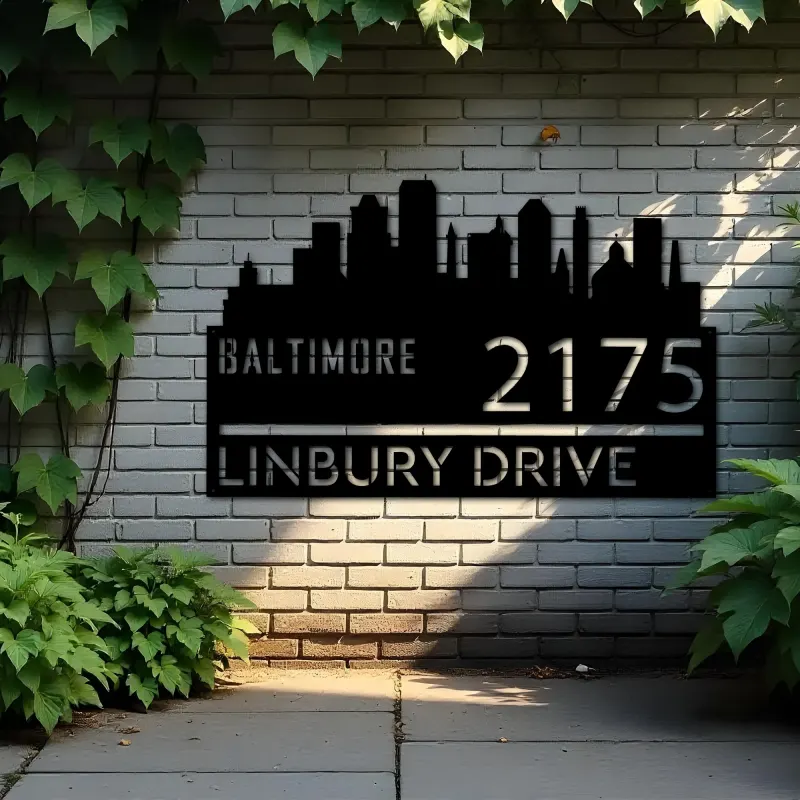 Custom Metal Baltimore city skyline Metal Address Sign Hanging Address Plaque house number Yard Outdoor Sign