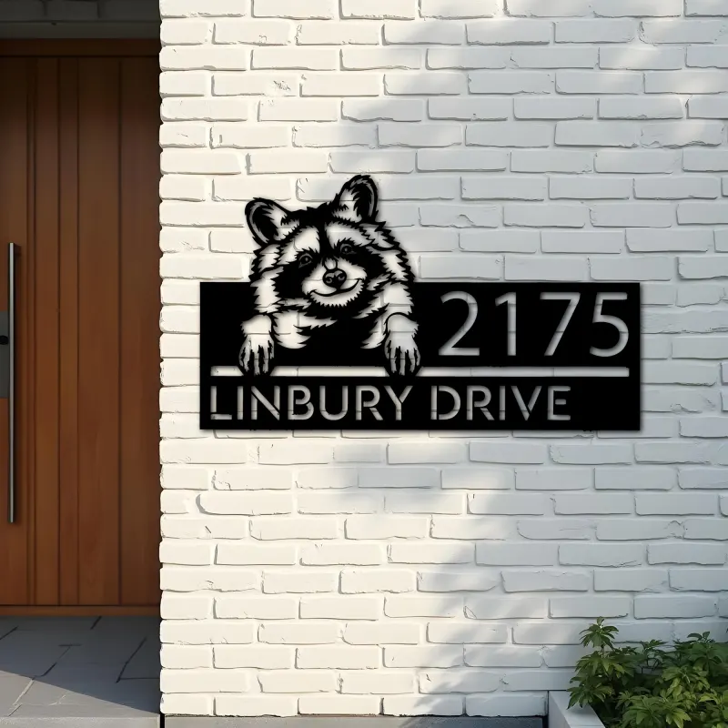 Custom Metal Peeking Raccoon Wild animal wildlife Metal Address Sign, House number, Outdoor Number Signage, Yard Sign Address Plate