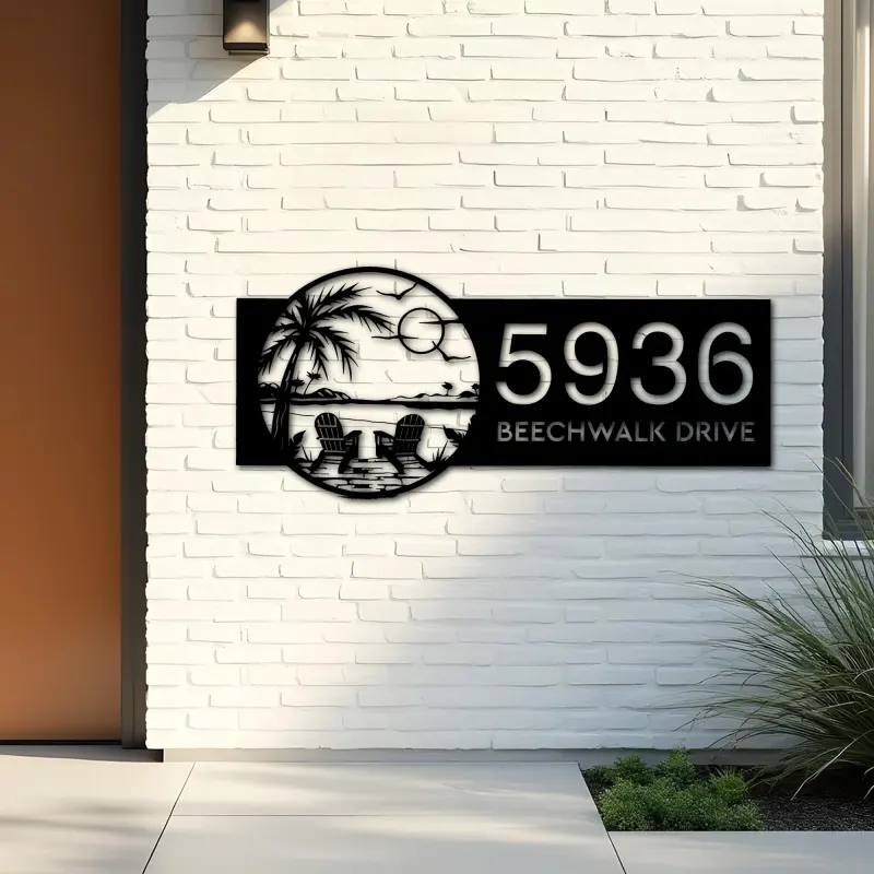 Custom Metal Palm Tree Chairs on Beach Sunset Metal Address Sign Custom House number Hanging Address Plaque Yard Sign Outdoor