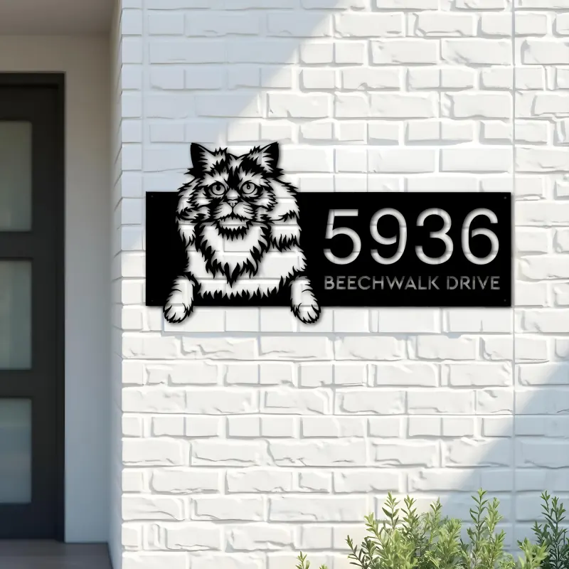 Custom Metal Selkirk rex Cute peeking cat kitten Metal Address Sign, House number, Outdoor Number Signage, Yard Sign Address Plate