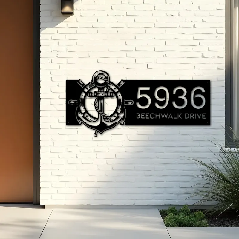 Custom Metal Anchor and ship rope with ship wheel Metal Address Sign, House number, Outdoor Number Signage, Yard Sign Address Plate