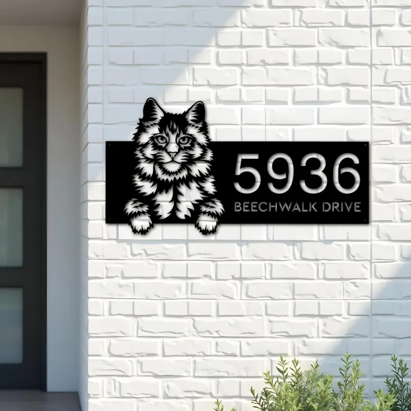 Custom Metal Main coon Cute peeking cat kitten Metal Address Sign, House number, Outdoor Number Signage, Yard Sign Address Plate