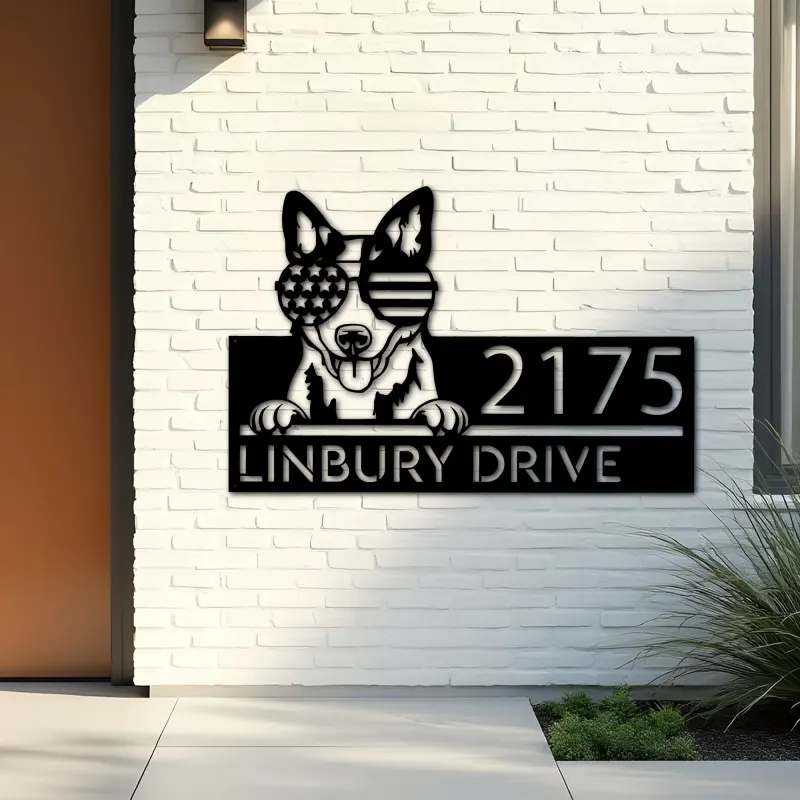 Custom Metal Blue heeler dog US flag glasses Metal Address Sign House number Hanging Address Plaque Yard Sign Outdoor decor