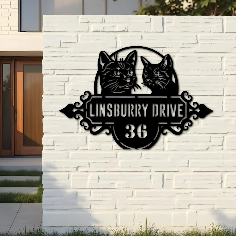 Custom Metal Cute cats kittens Metal Address Sign, House number, Outdoor Number Signage, Yard Sign Address Plate