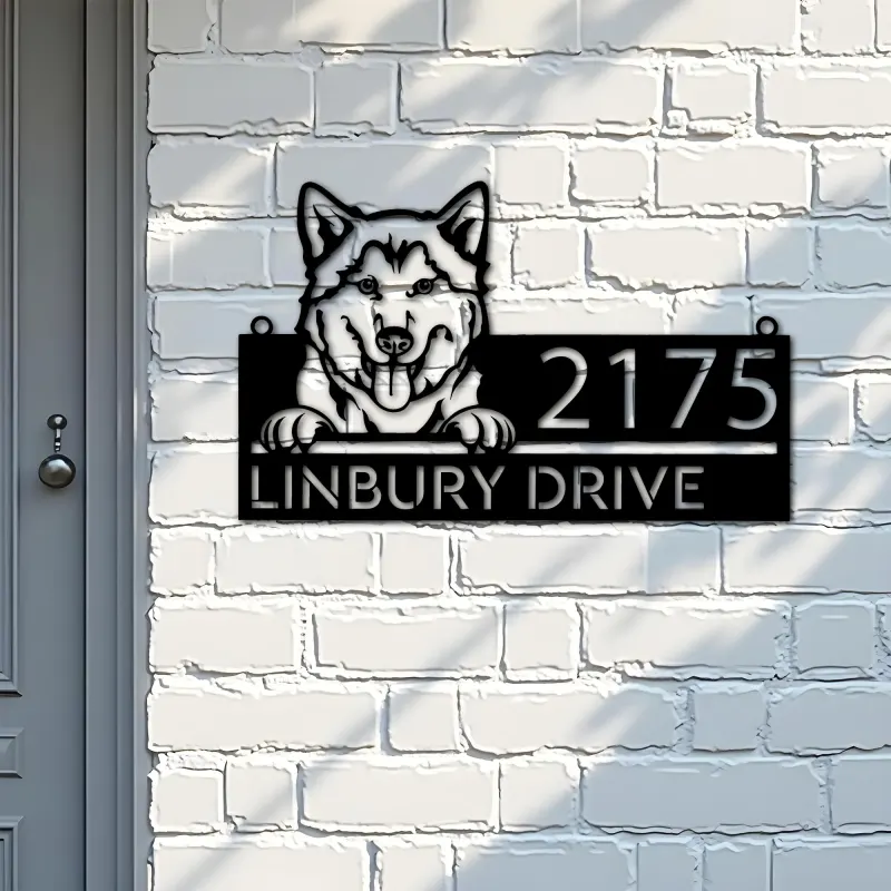 Custom Metal Husky dog Cute puppy Metal Address Sign House number Hanging Address Plaque Yard Sign Outdoor decor