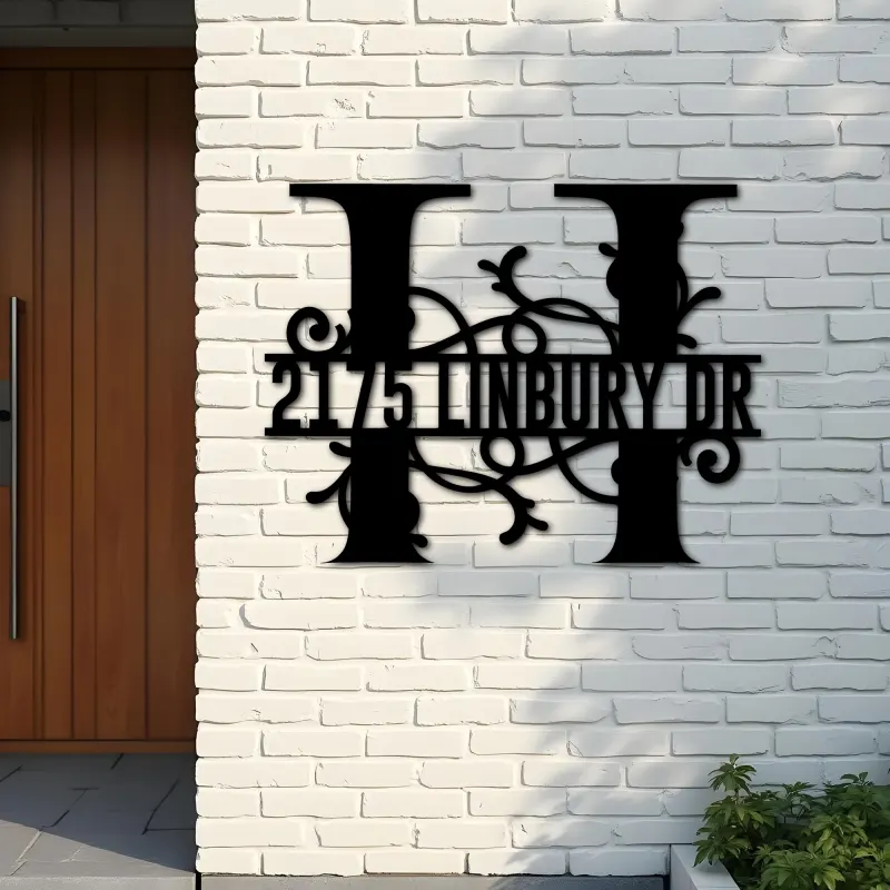 Custom Metal Floral Monogram Split Letter H Metal Address Sign House number Hanging Address Plaque Yard Sign Outdoor decor