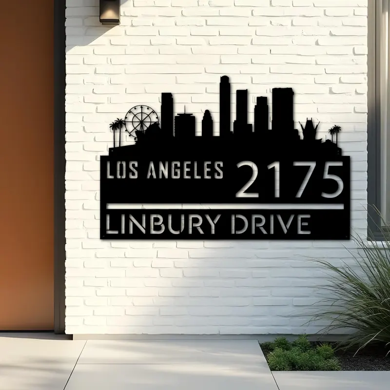 Custom Metal Los Angeles city skyline Metal Address Sign Hanging Address Plaque house number Yard Outdoor Sign