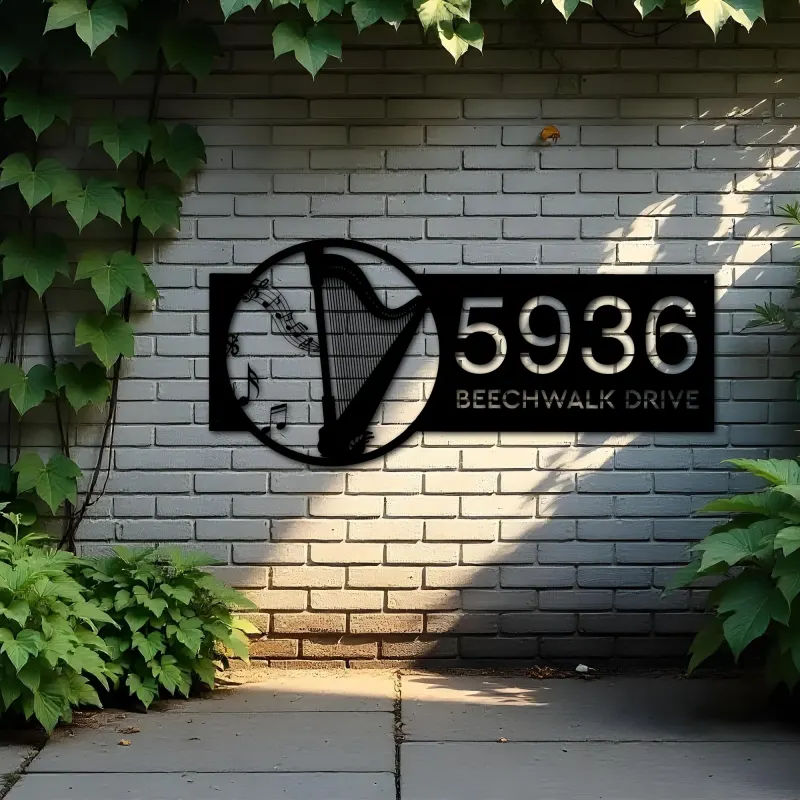 Custom Metal Harp musical instrument Metal Address Sign Custom House number Hanging Address Plaque Yard Sign Outdoor